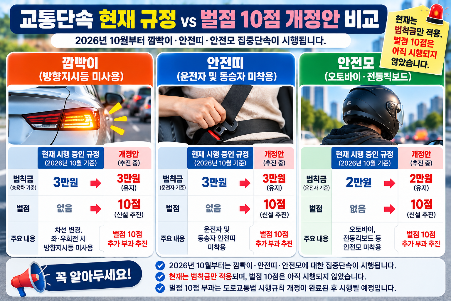 2026년 10월 교통단속 강화, 깜빡이&middot;안전띠&middot;안전모 범칙금과 벌점 총정리