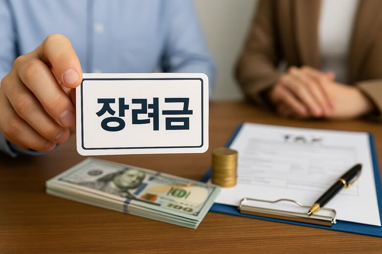 장려금 팻말을 들고 있는 손, 돈다발과 세금 서류가 놓인 상담 테이블 모습