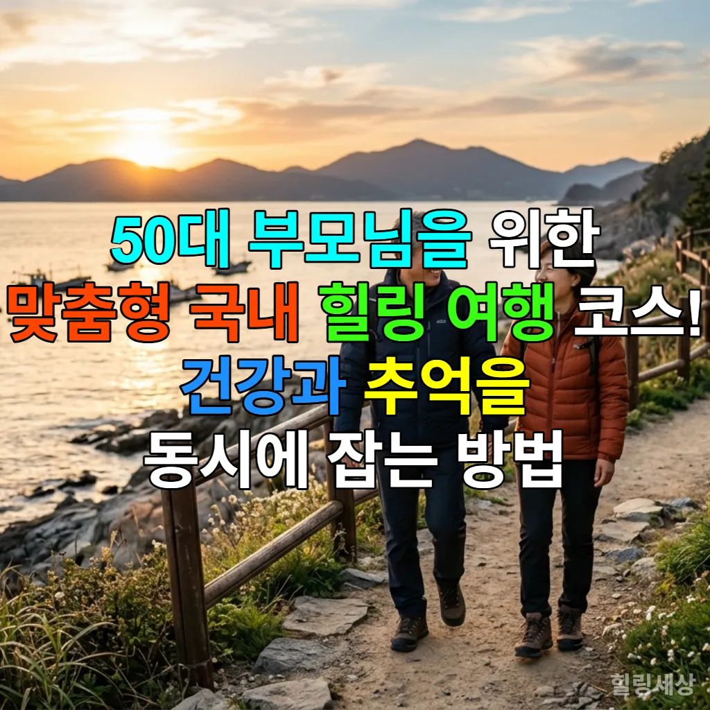 50대 부부가 한국의 해안길을 손잡고 걷는 따뜻하고 행복한 모습