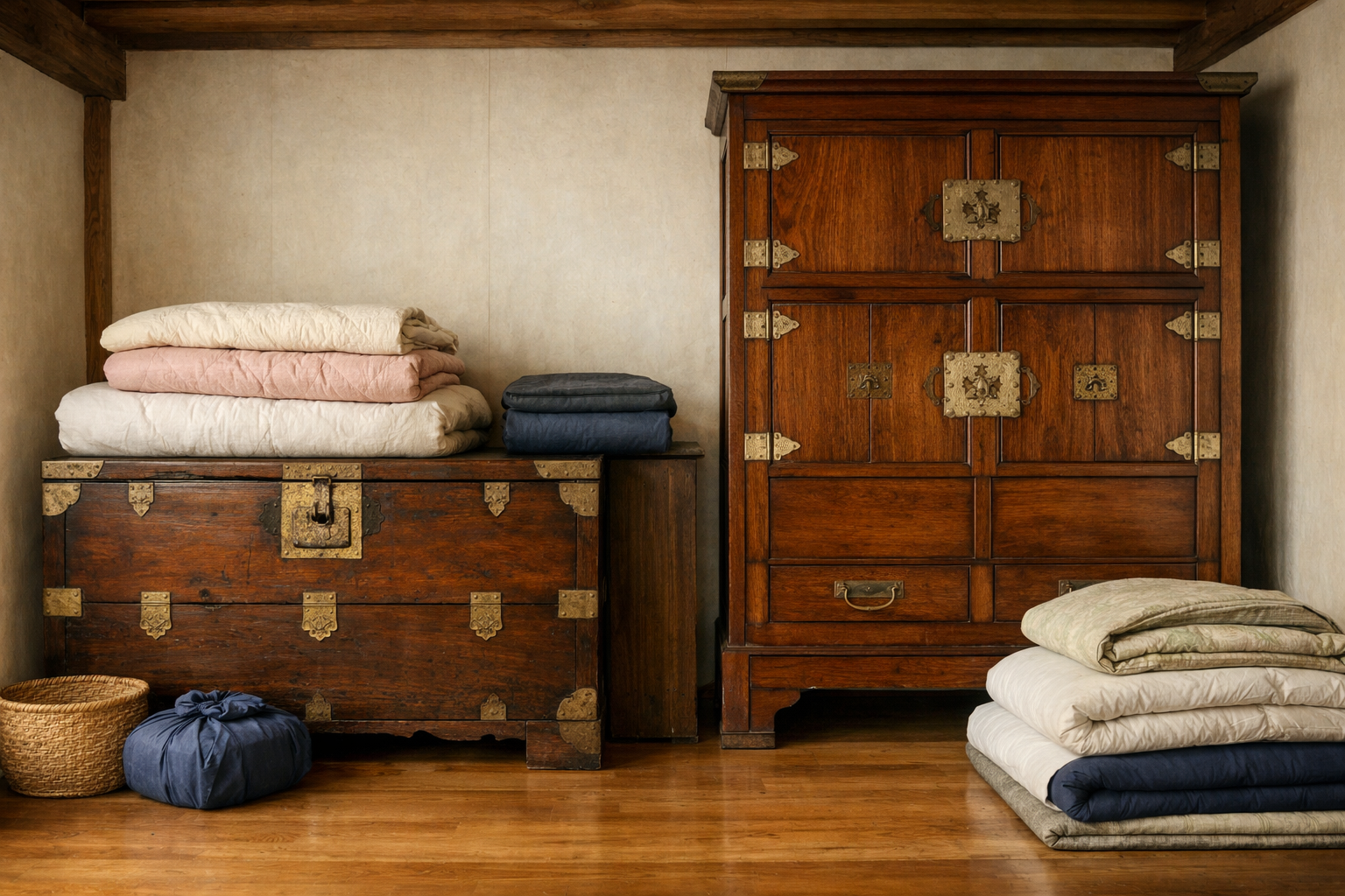 한국 전통 안방의 모습,반닫이와 장롱을 이용해 물건을 보관하고 정리해둔 모습
