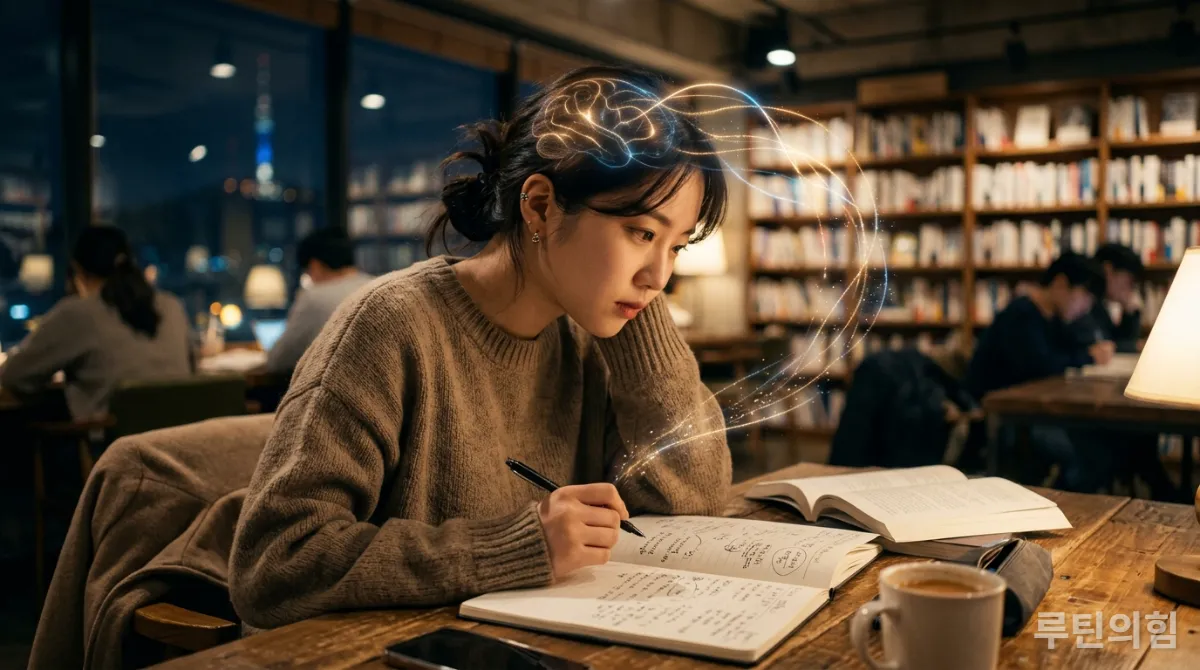 노트를 보며 능동적으로 복습하는 한국인 학생