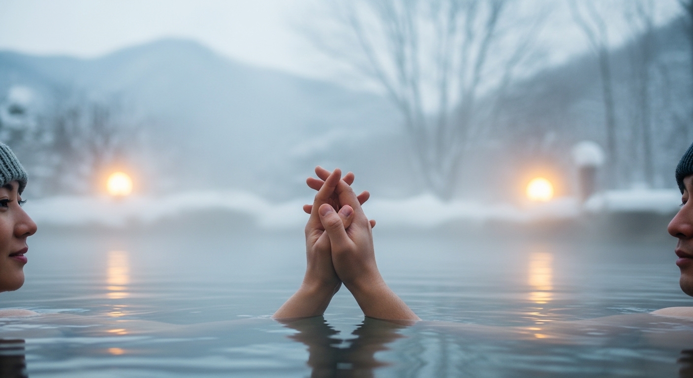 따뜻한 온천수에 손을 담그고 휴식하는 한국인 커플의 손.