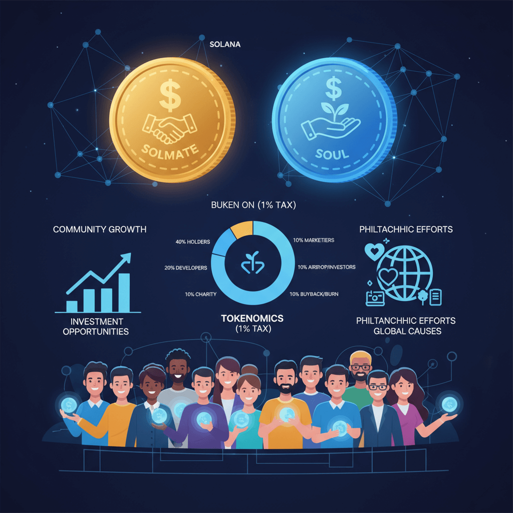 솔라나 기반의 솔메이트($SOLMATE) 유틸리티 토큰과 소울($SOUL) 거버넌스 토큰 인포그래픽. 1% 거래세 분배를 통한 토큰 경제, 솔라나 네트워크 검증자 인프라 제공, UAE 허브 전략, 주요 투자자 및 나스닥/UAE 이중 상장을 통한 솔라나 성장 가속화 계획을 시각화한다.