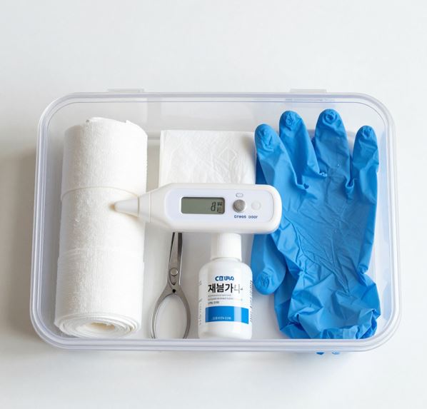 반려동물 응급처치 도구를 통에 모아 놓았다