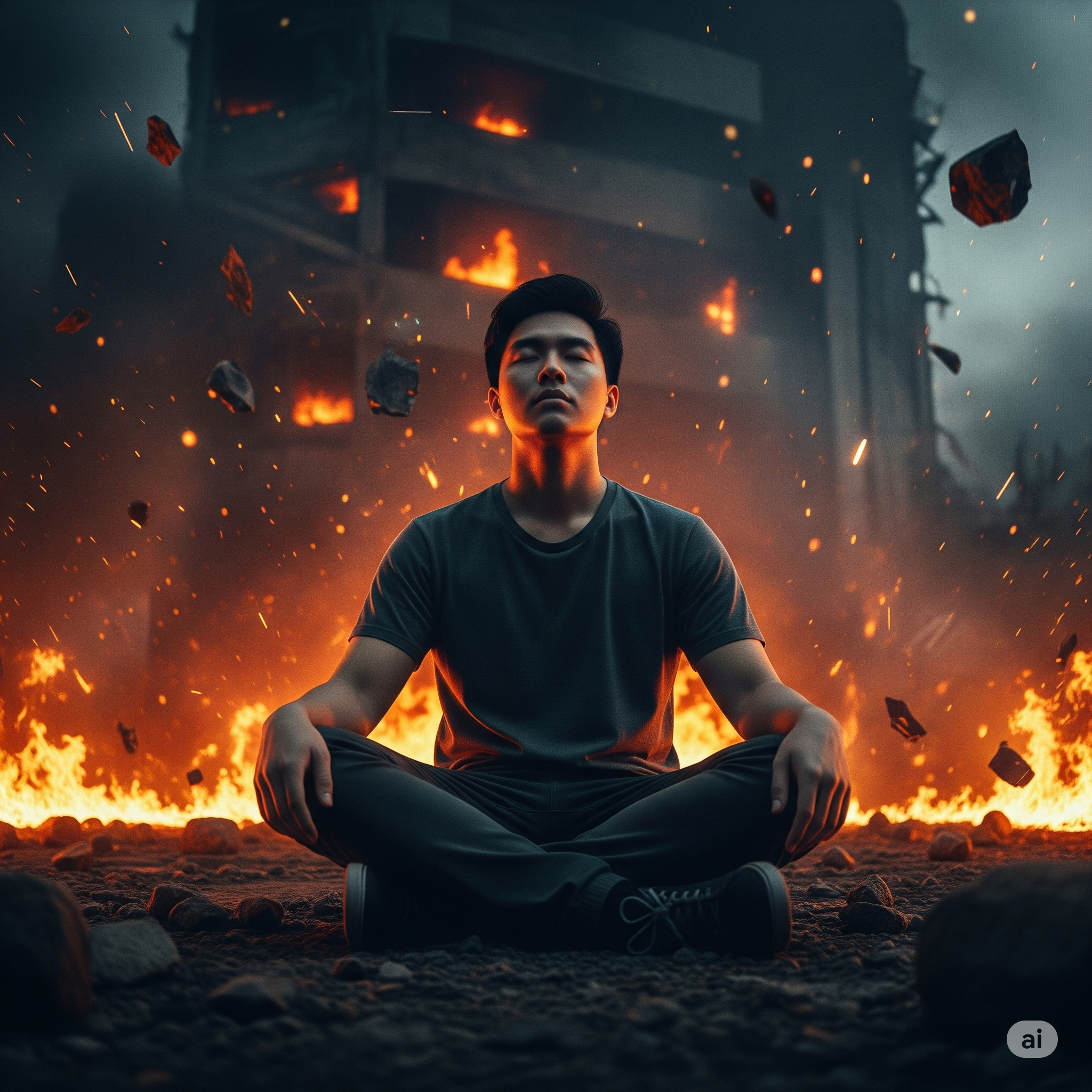 주변이 불타고 있는데도 조용히 앉아 있는 남자
