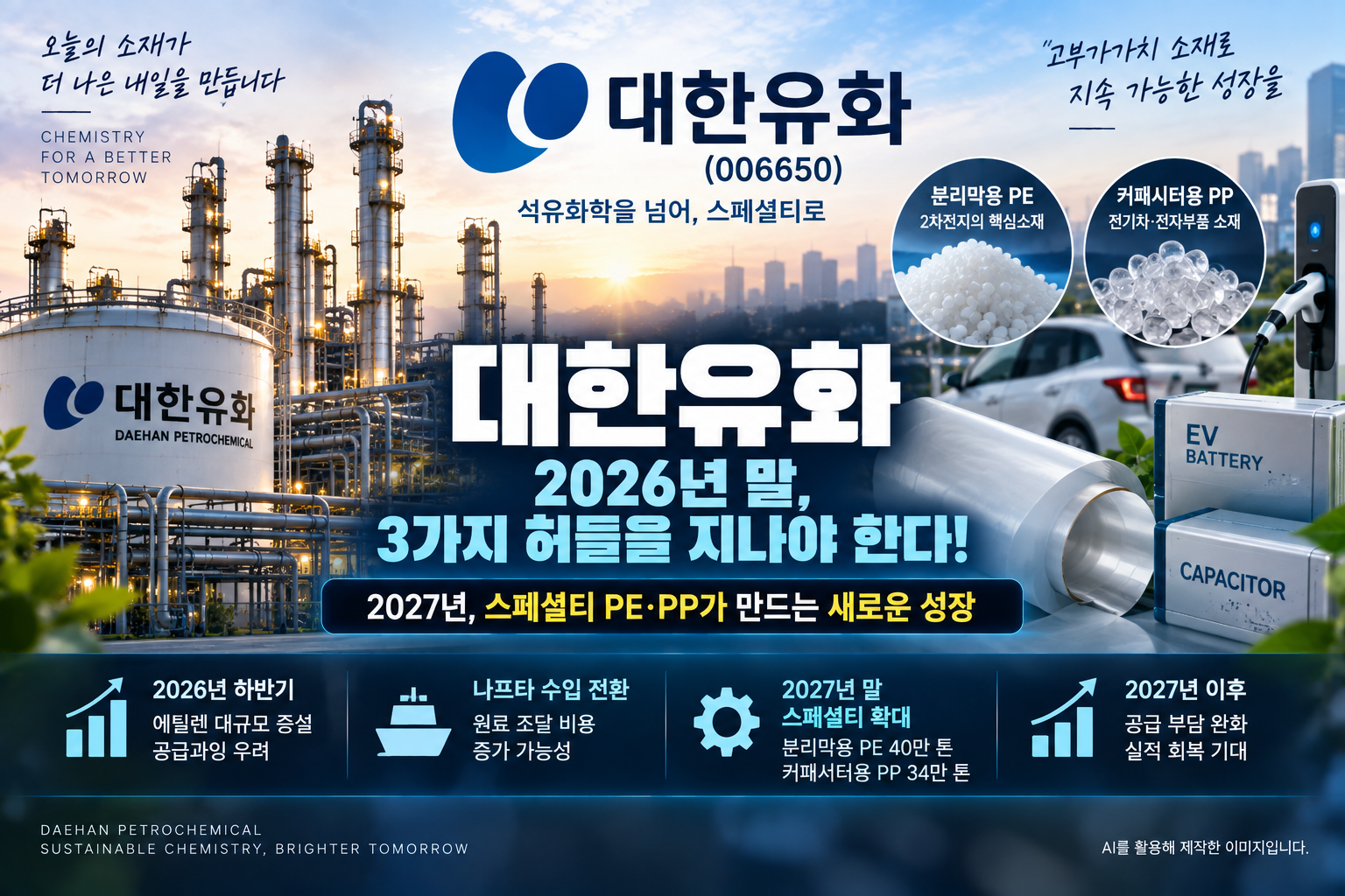 대한유화 석유화학 공급과잉과 2027년 분리막용 PE&middot;커패시터용 PP 스페셜티 확대를 다룬 기업분석