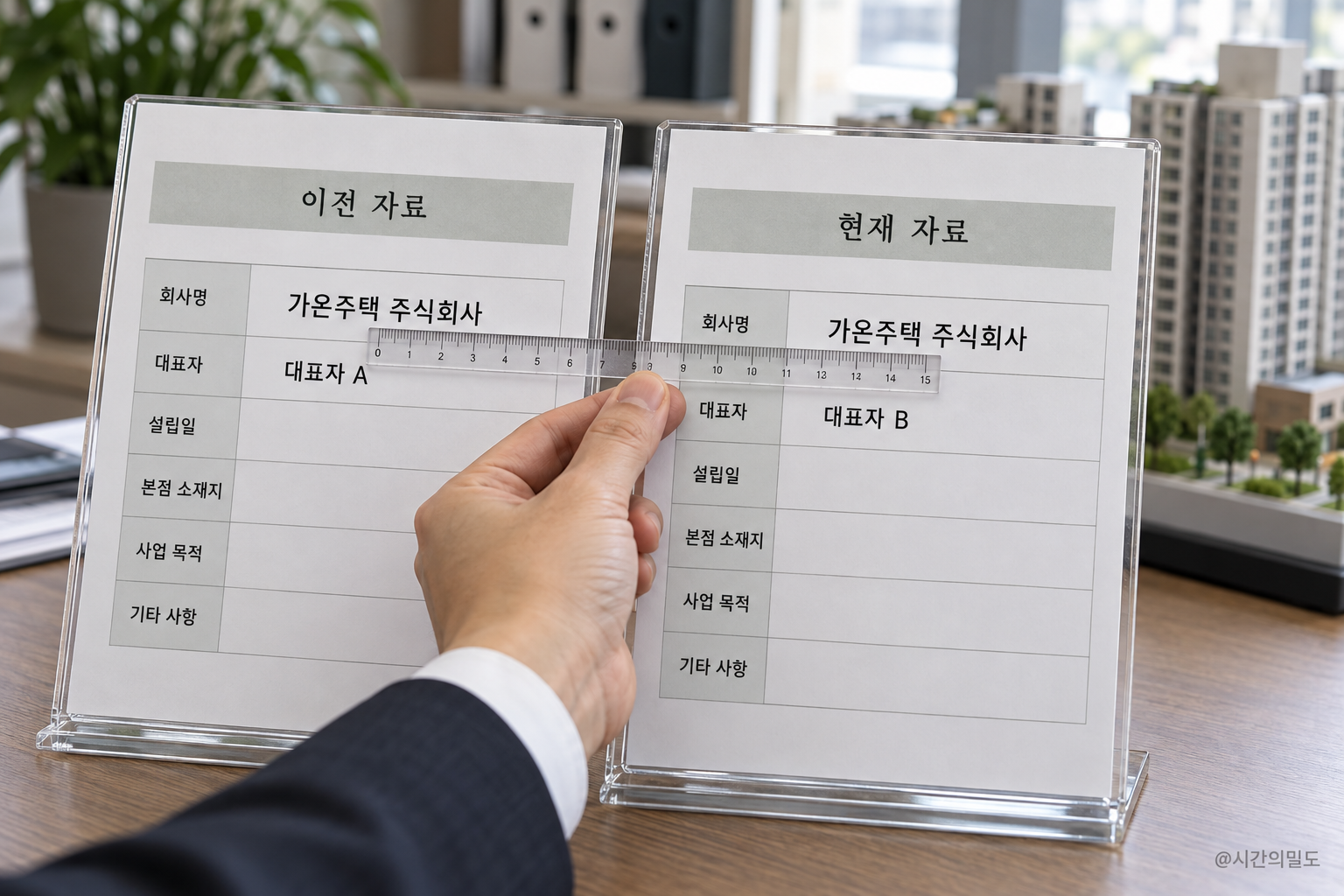 같은 회사의 이전 대표자 기록과 현재 대표자 기록을 대조하는 가상 장면