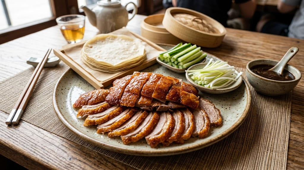 갈색 빛깔의 바삭한 껍질과 오리고기가 둥근 접시 중앙에 슬라이스되어 차려져 있습니다. 그 뒤로 목제 받침대 위의 얇은 밀전병, 채 썬 오리와 대파, 작은 종지에 담긴 검은색 소스, 찻주전자와 찻잔, 젓가락이 함께 놓여 있습니다.