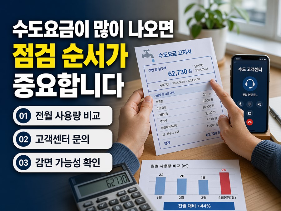 전월 사용량 비교, 고객센터 문의, 감면 가능성 확인 순서로 수도요금이 많이 나왔을 때 대응하는 방법을 설명하는 실전 점검표 이미지입니다.
