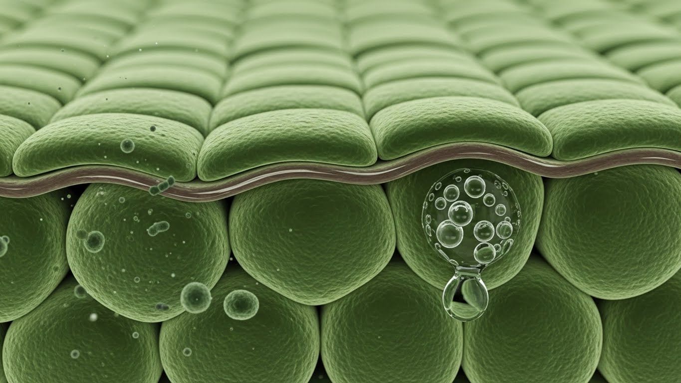 피부 세포가 촘촘하고 벽돌과 모르타르 같은 구조를 형성하는 매크로 샷으로, 강력한 피부 장벽을 상징합니다.