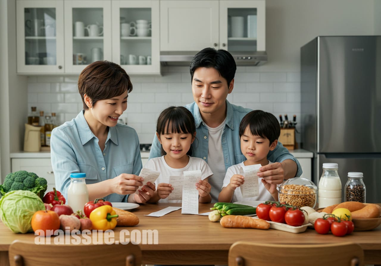 한국 가족이 식탁 위에서 건강식품과 함께 영수증을 비교하며 미소 짓고 있습니다.
현대적인 주방과 식탁이 배경으로 사용되었습니다.