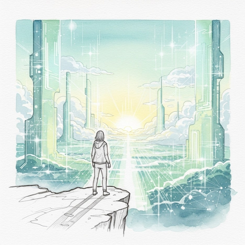 미래 기술을 바라보는 사람의 희망찬 뒷모습을 담은 풍경