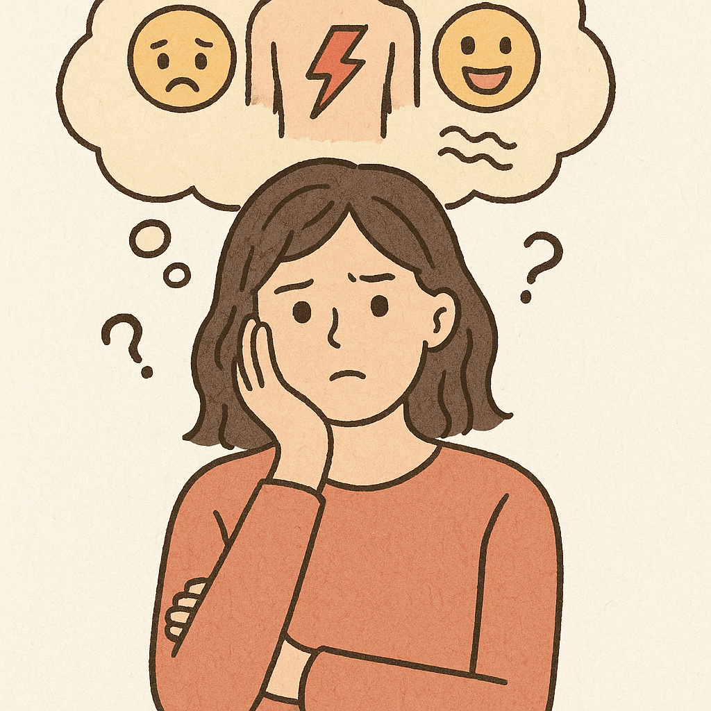 감정 기복이 심할 때 몸이 보내는 건강 신호를 고민하는 여성캐릭터(출처**자체제작)