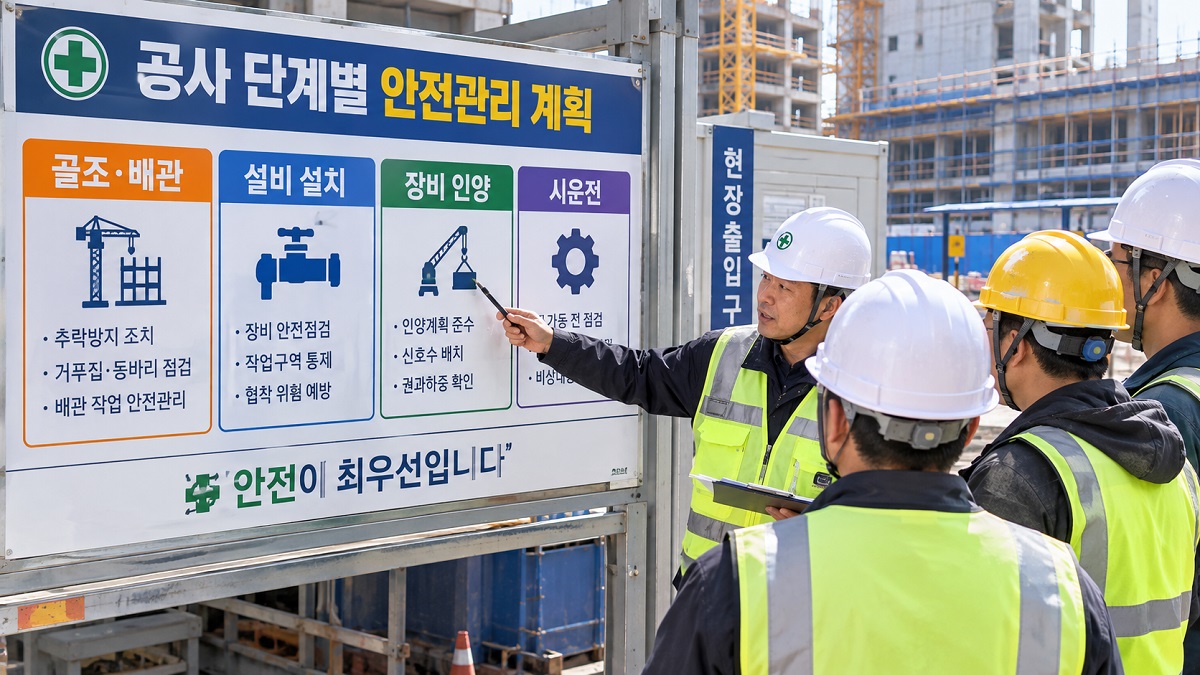 건설현장 안전관리자가 현장 게시판의 공사 단계별 안전관리 계획표를 확인하는 모습