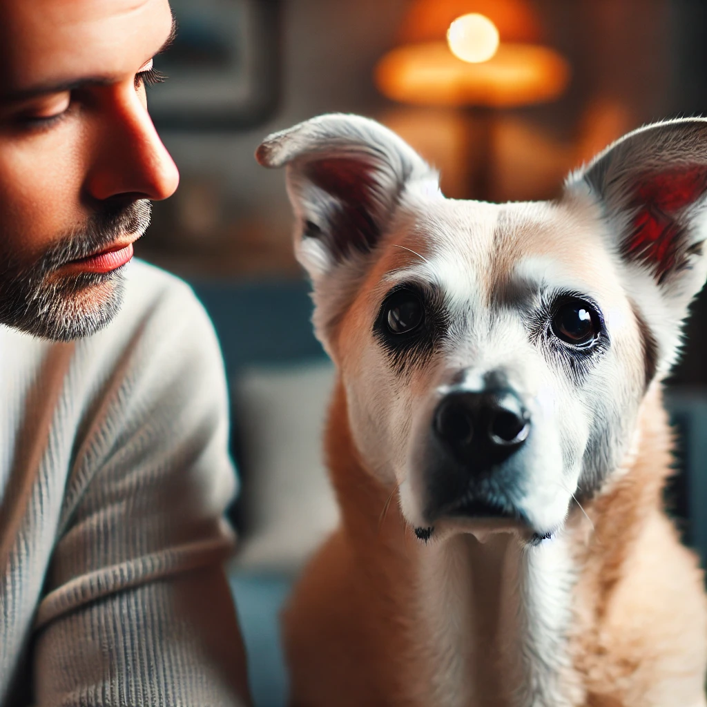 치매 증상을 보이는 강아지를 걱정스럽게 바라보는 보호자