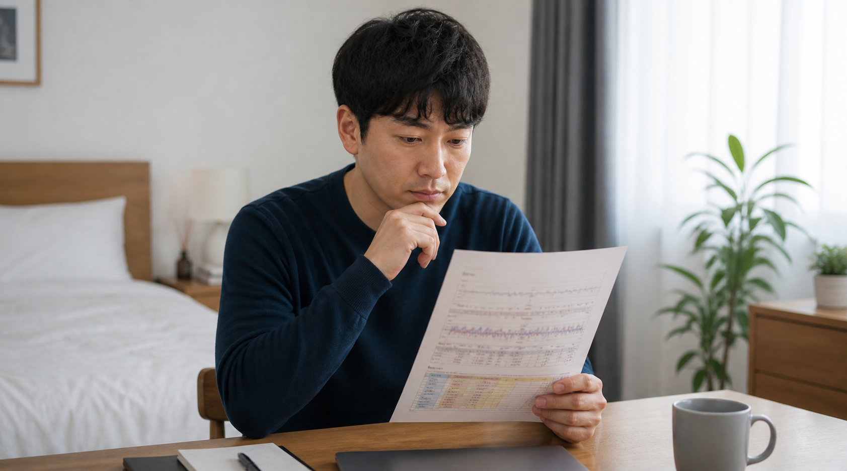 수면다원검사 결과 지표를 확인하며 고민하는 남성