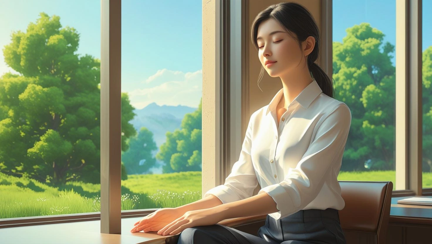 창문 옆에서 재충전 중인 직장인