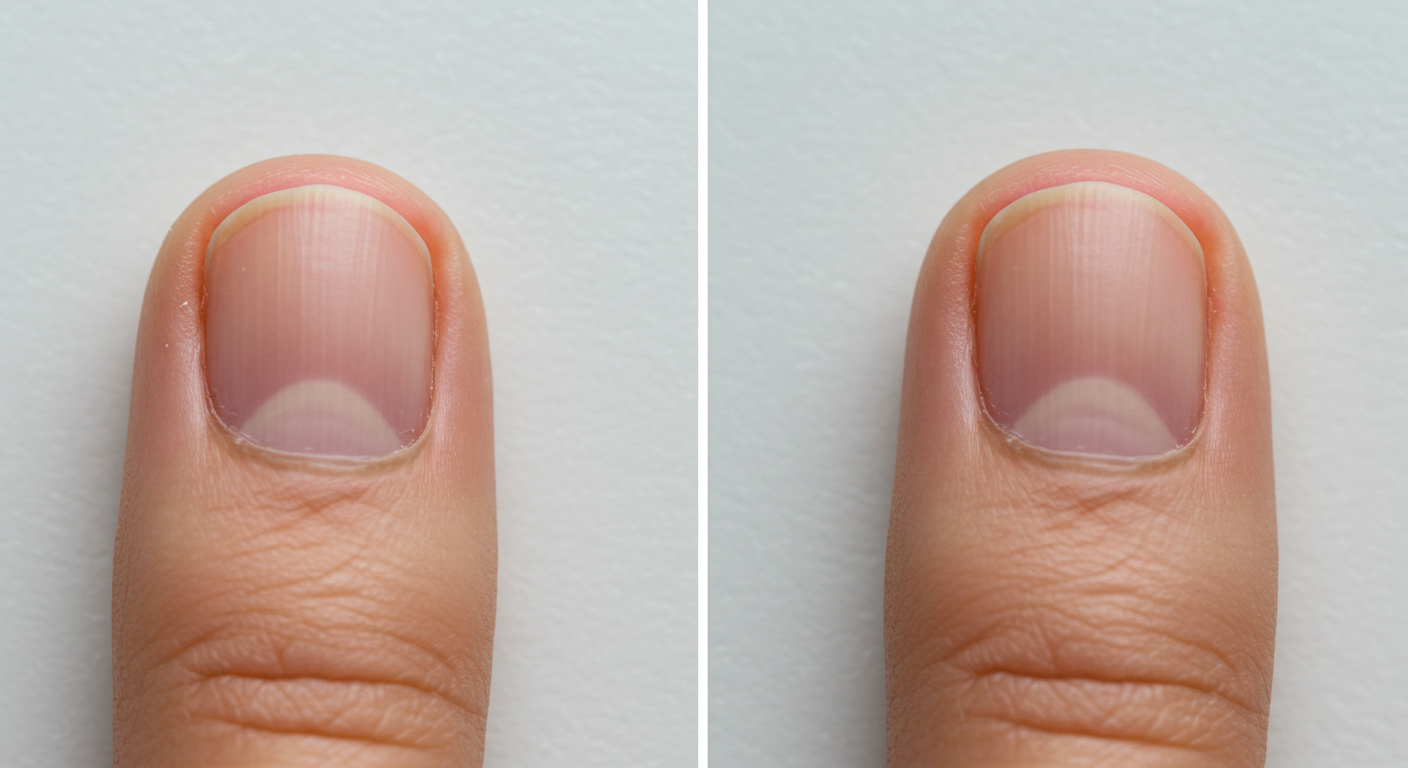 손톱의 반월상(하얀 초승달 모양)을 보여주는 건강한 손톱과 반월상이 없는 손톱 비교
