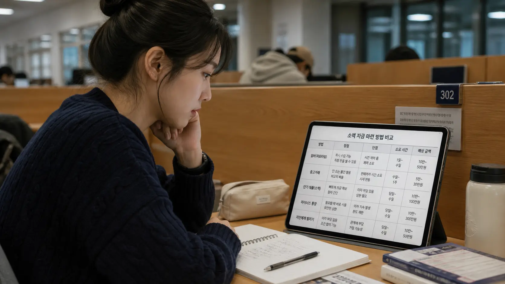 대학교 도서관 열람실 책상 위에 놓인 태블릿 PC 화면에 소액 자금 마련 비교표가 띄워져 있고 이를 진지하게 살펴보고 있는 20대 여대생의 모습