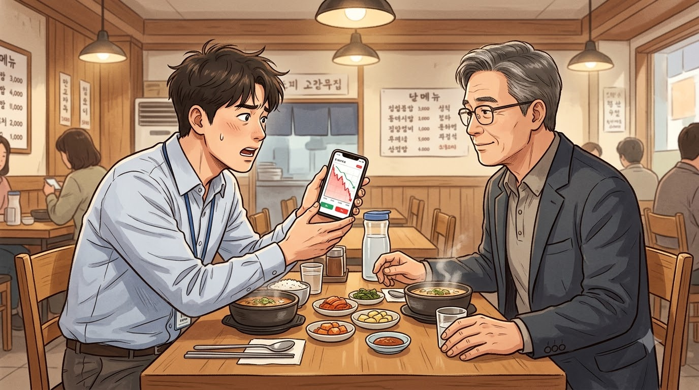 점심 식당에서 스마트폰 주식 앱의 빨간 하락 화면을 보여주며 걱정하는 후배와 차분히 듣는 50대 선배
