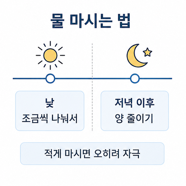 방광 건강을 위한 수분 섭취 방법, 낮에는 나눠 마시고 저녁 이후에는 양을 줄이는 흐름을 나타낸 타임라인