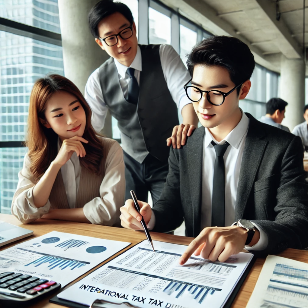 국제 세금 규정에 대해 고객에게 설명하는 장면