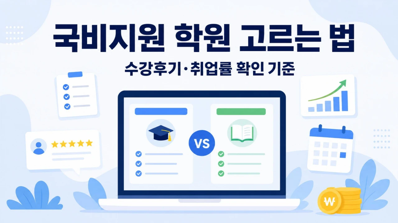 국비지원 학원 선택 기준과 HRD-Net 확인 항목을 정리한 이미지