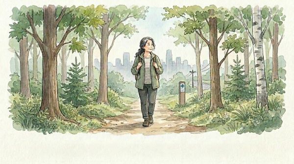 아파트 주변 숲길을 혼자 산책하는 50대 한국 여인