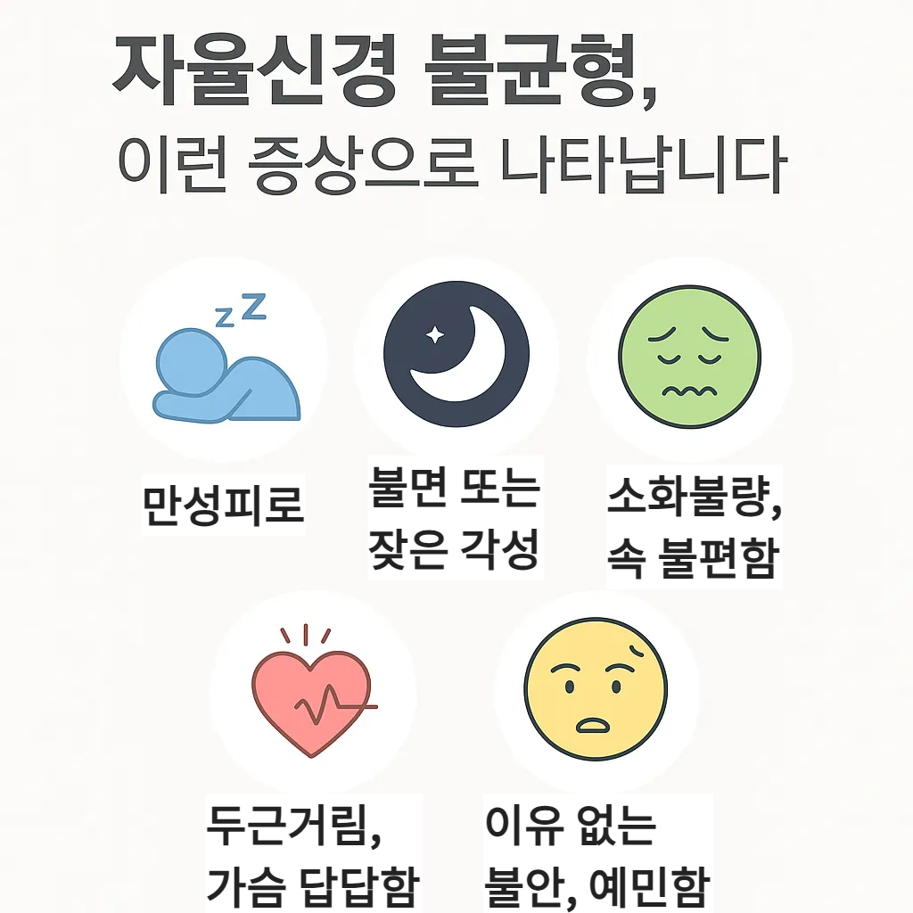 자율신경 불균형의 대표적인 증상을 아이콘과 함께 정리한 이미지로, 만성 피로, 불면, 소화불량, 두근거림, 불안 등의 내용을 담고 있음