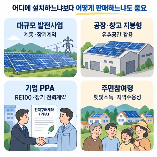 대규모 발전소와 지붕형 태양광, 기업 PPA, 주민참여형 사업의 전망을 비교한 이미지