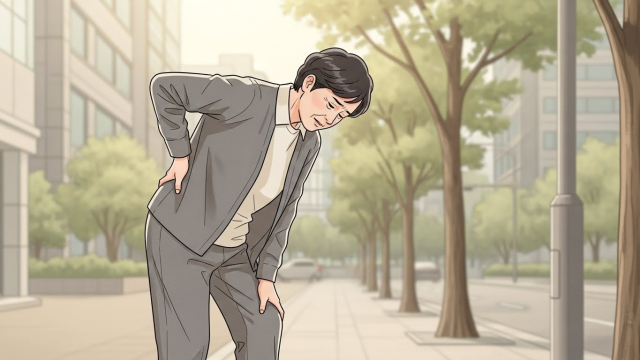 한참 걷다가 다리 통증으로 허리를 굽히고 쉬는 사람 일러스트