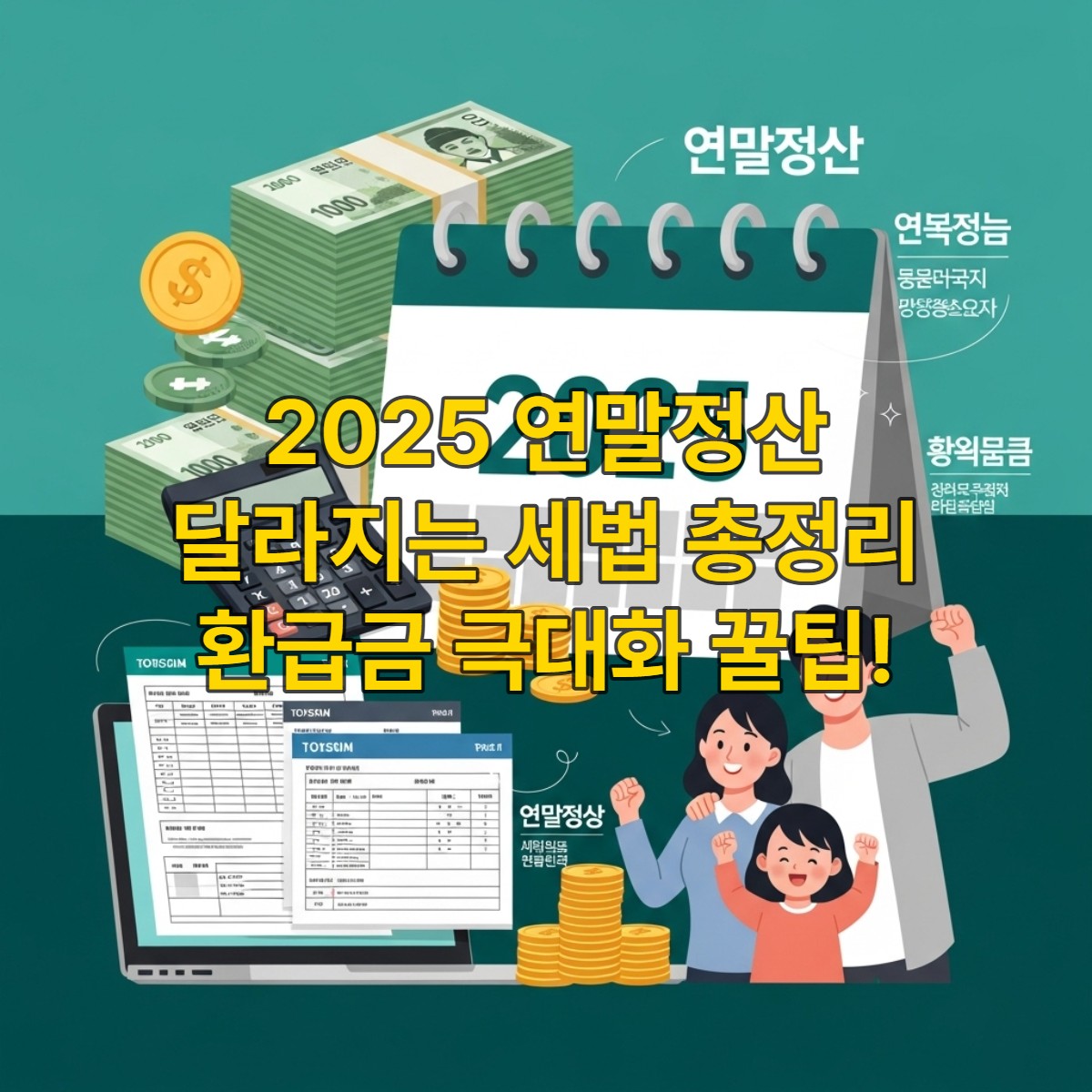 2025년 달력과 돈뭉치, 계산기, 세금 서류가 있는 노트북, 웃고 있는 직장인이나 가족이 어우러져 2025년 연말정산과 절세를 상징하는 이미지.