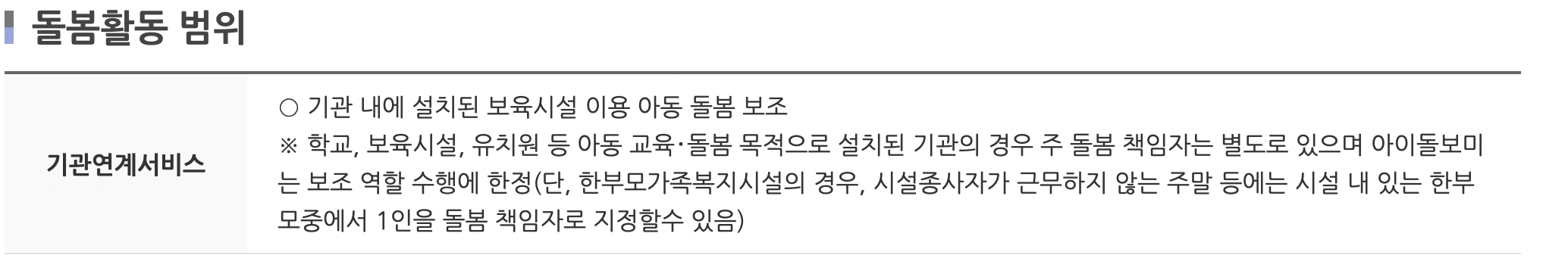 기관연계서비스의 돌봄활동 범위