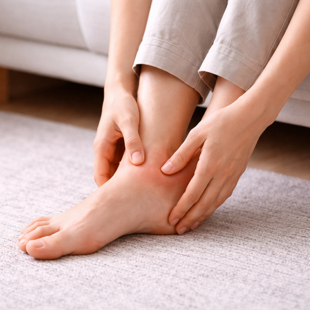 통풍 발작 시 나타날 수 있는 발목 부종과 열감을 확인하는 모습