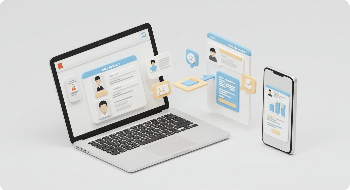 온라인 신청 과정을 보여주는 3D 웹사이트 인터페이스, 노트북과 모바일 화면 UI 요소들