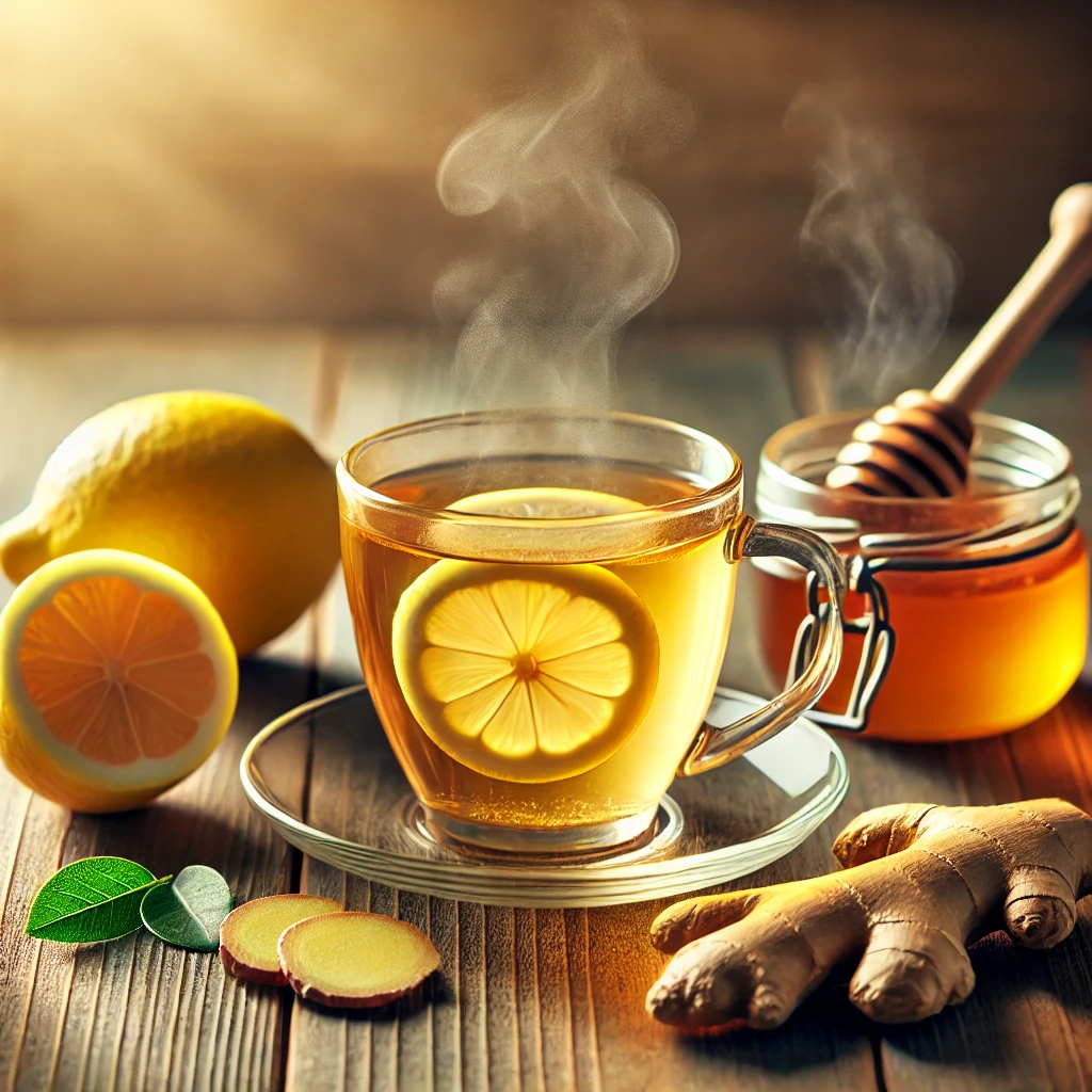 "레몬과 생강으로 만든 따뜻한 꿀차: 염증 완화와 피로 회복에 좋은 건강 음료로, 신선한 레몬과 꿀이 어우러진 아침의 따뜻한 한 잔"