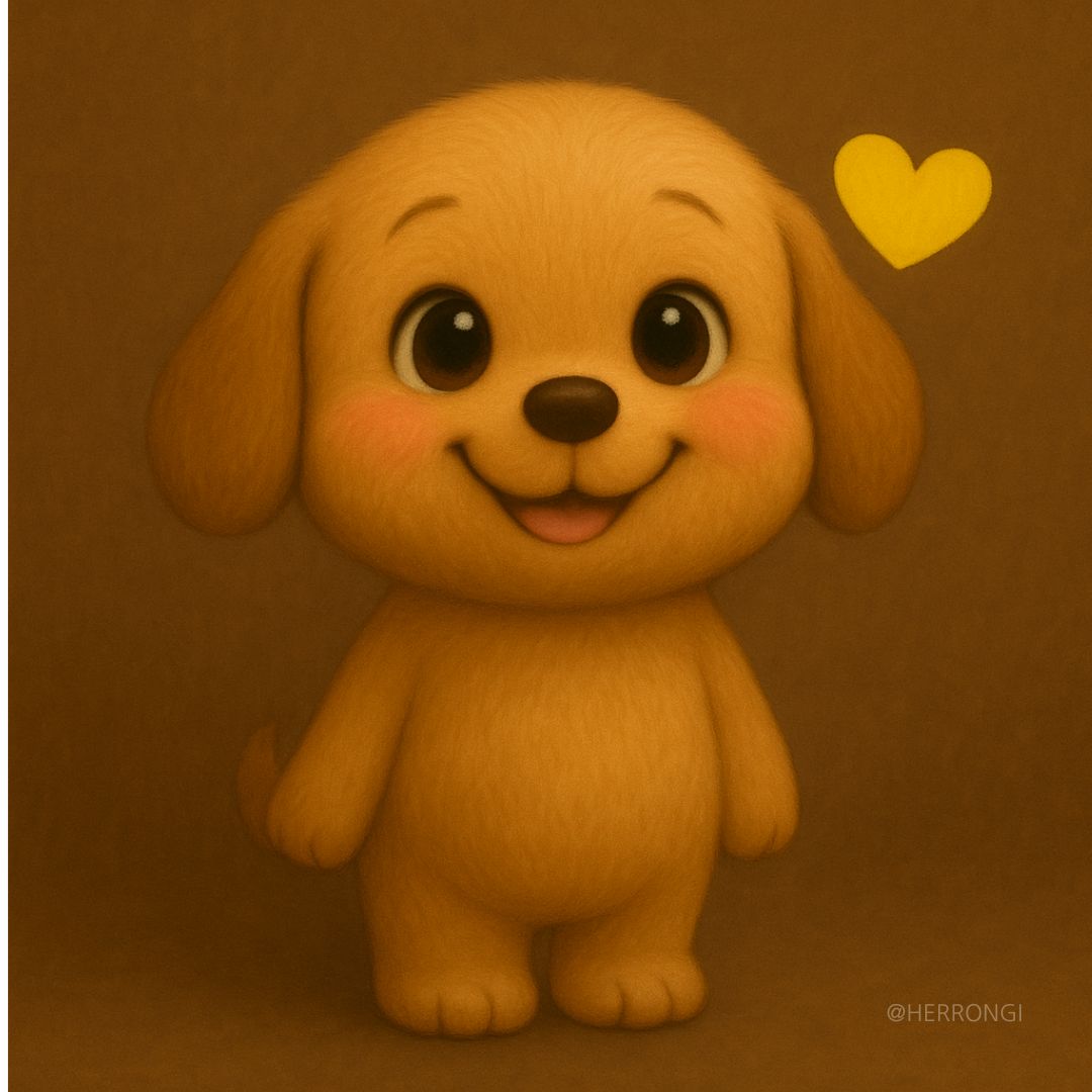 다정한 눈빛으로 조용한 위로를 건네는 강아지 캐릭터의 따뜻한 미소