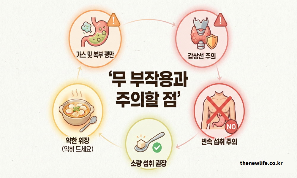 무 과량 섭취 시 복부 팽만, 갑상선 질환자 주의, 공복 섭취 주의 등 무 섭취 시 꼭 알아야 할 부작용 5가지를 정리한 이미지