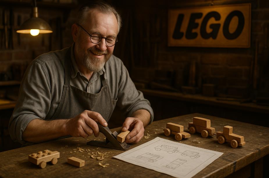 덴마크 빌룬트의 작은 공방에서 레고의 첫 블록이 만들어지는 장면