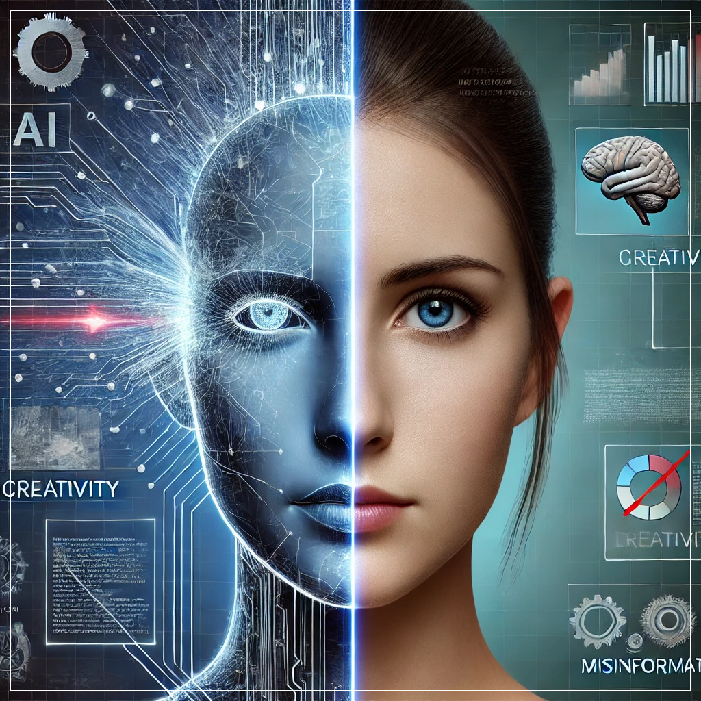 생성형 AI의 긍정적 창의성과 부정적 정보 왜곡을 대비적으로 보여주는 이미지