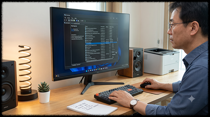 Windows 서비스 관리 화면에서 Print Spooler 서비스를 다시 시작하는 모습