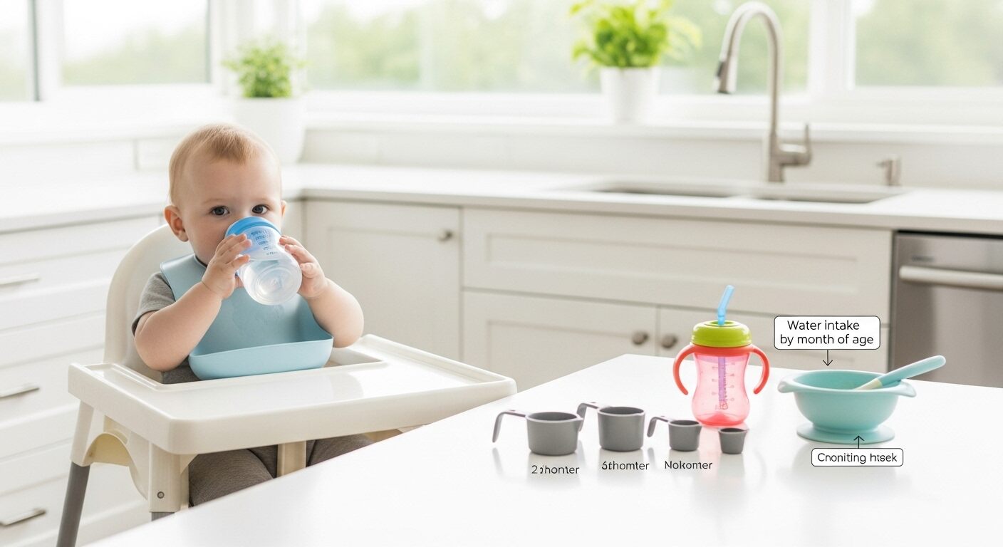 화이트톤 주방에서 아기가 투명한 베이비컵을 양손으로 잡고 물을 한 모금 마시는 모습. 테이블 위에는 물 적정량을 측정하는 작은 눈금 컵, 빨대컵, 이유식 그릇이 함께 놓여 있어 ‘월령별 물 섭취량’이라는 개념을 시각적으로 표현한 전문적인 교육 이미지