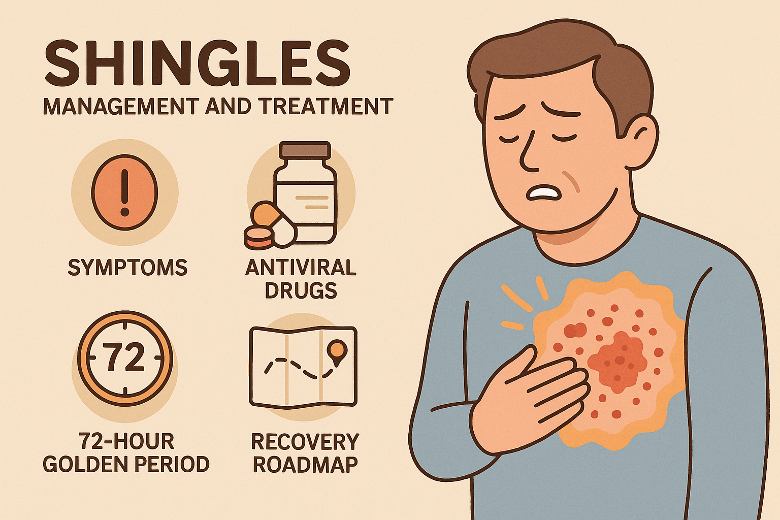 대상포진 증상관리와 치료, 신경통 72 시간 골든타임과 회복 로드맵 이미지 만화체 그림