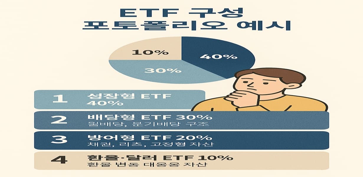 ETF 포트폴리오를 성장형, 배당형, 방어형, 환율 대응형으로 구분한 구성 예시 인포그래픽