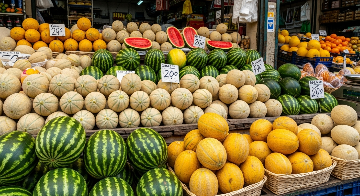 여러가지 다양한 과일들을 파는 재래시장의 모습입니다. 수박과 참외 그리고 키위 등 정말 다양한 과일들이 진열돼 있습니다.