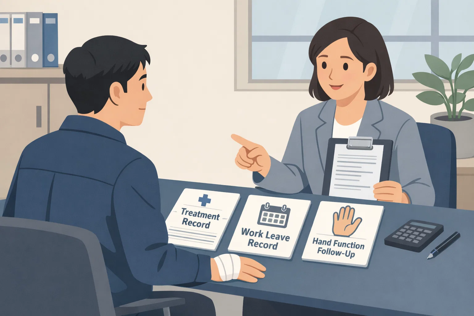 손가락 골절 산재보험 금액을 확인할 때 치료 기록과 휴업 여부, 손 기능 영향까지 함께 봐야 하는 체크포인트를 설명하는 이미지