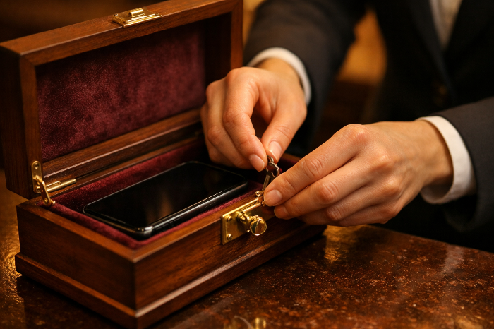 도파민 디톡스 숙소의 상징적인 전자기기 반납 절차