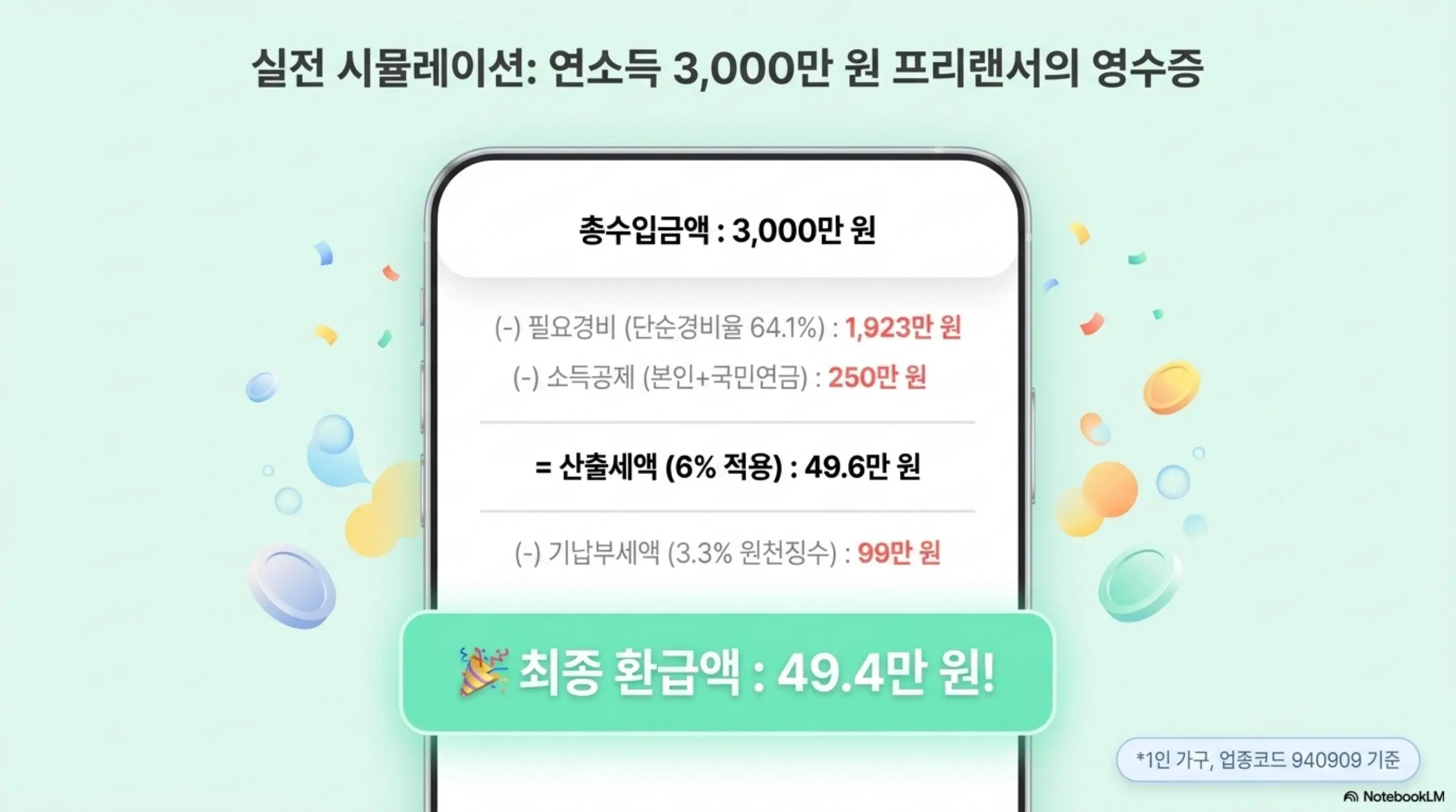 종합소득세 계산: &amp;#39;실전 시뮬레이션: 연소득 3&amp;#44;000만 원 프리랜서의 영수증&amp;#39;이라는 문구와 총수입 3&amp;#44;000만 원에서 필요경비&middot;소득공제를 차감해 최종 환급액 49.4만 원이 산출되는 계산 과정이 포함된 웹배너 이미지. 이 이미지는 프리랜서 종합소득세 계산 예시를 단계별로 시각적으로 전달하며&amp;#44; 블로그의 실전 세금 계산과 관련된 내용을 설명함 
