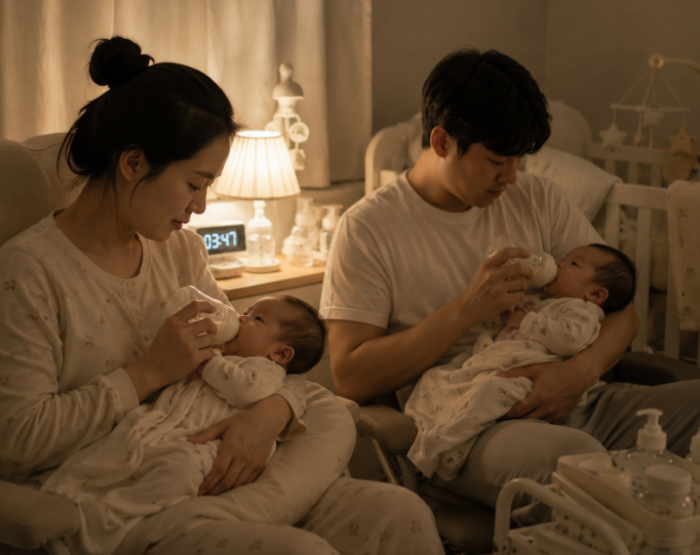 새벽 수유 중인 부모와 쌍둥이 신생아 모습, 현실 육아 일상 이미지