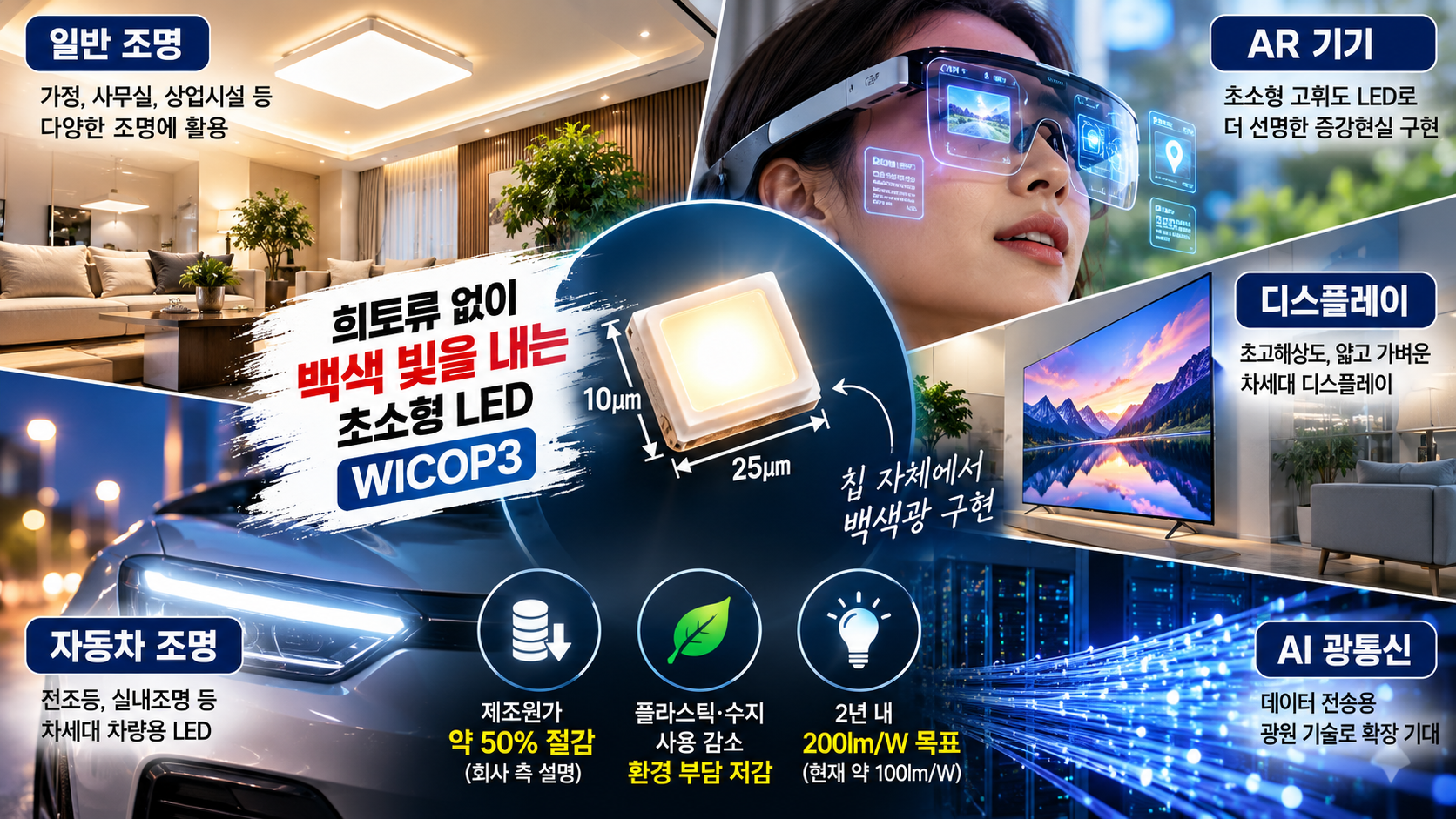 서울반도체 서울바이오시스 WICOP3 희토류 없는 초소형 백색 LED 기술, 일반 조명 AR 기기 디스플레이 AI 광통신 활용 분야